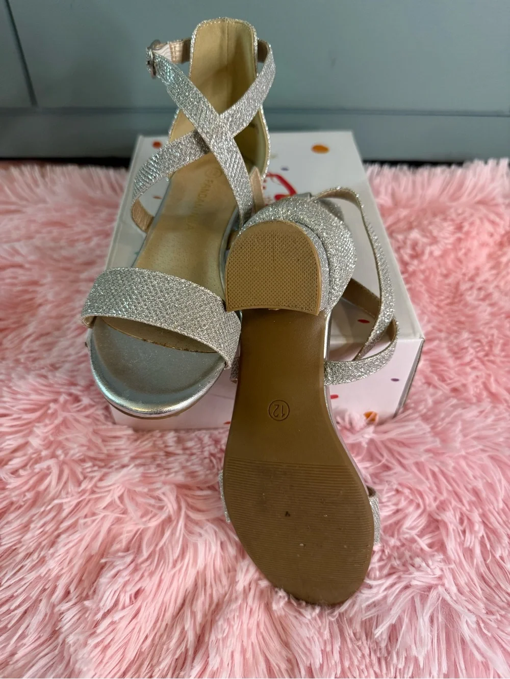 Girls Size 12 Silver Glitter Strappy Sandals
